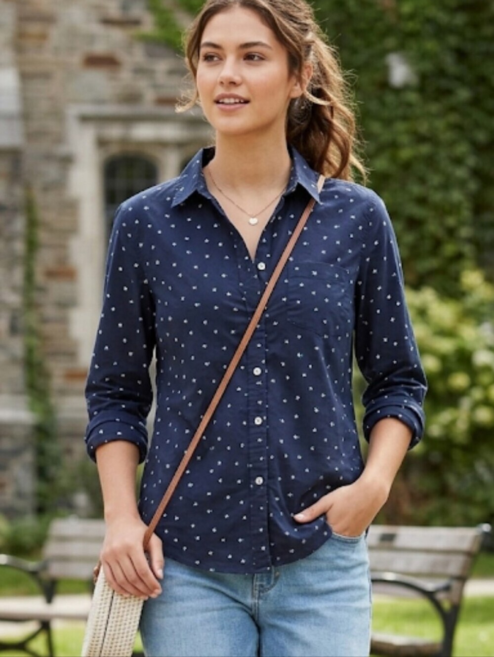 Aeropostale Longsleeve Button Up Shirt Oversized Medium Navy with Daisy Print